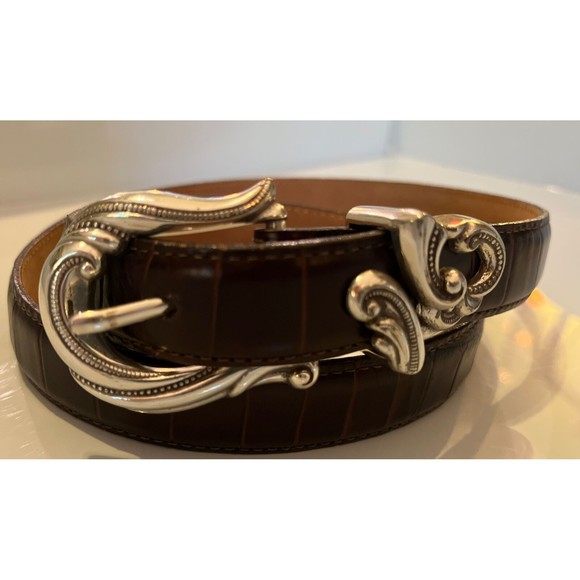 Brighton Ladies L 24507 Croc Alligator Stamp Sz LG  Brown & Silver Leather Belt - Picture 2 of 10